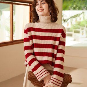 Light Luxury - Women's Turtleneck Striped Pure Cashmere Sweater